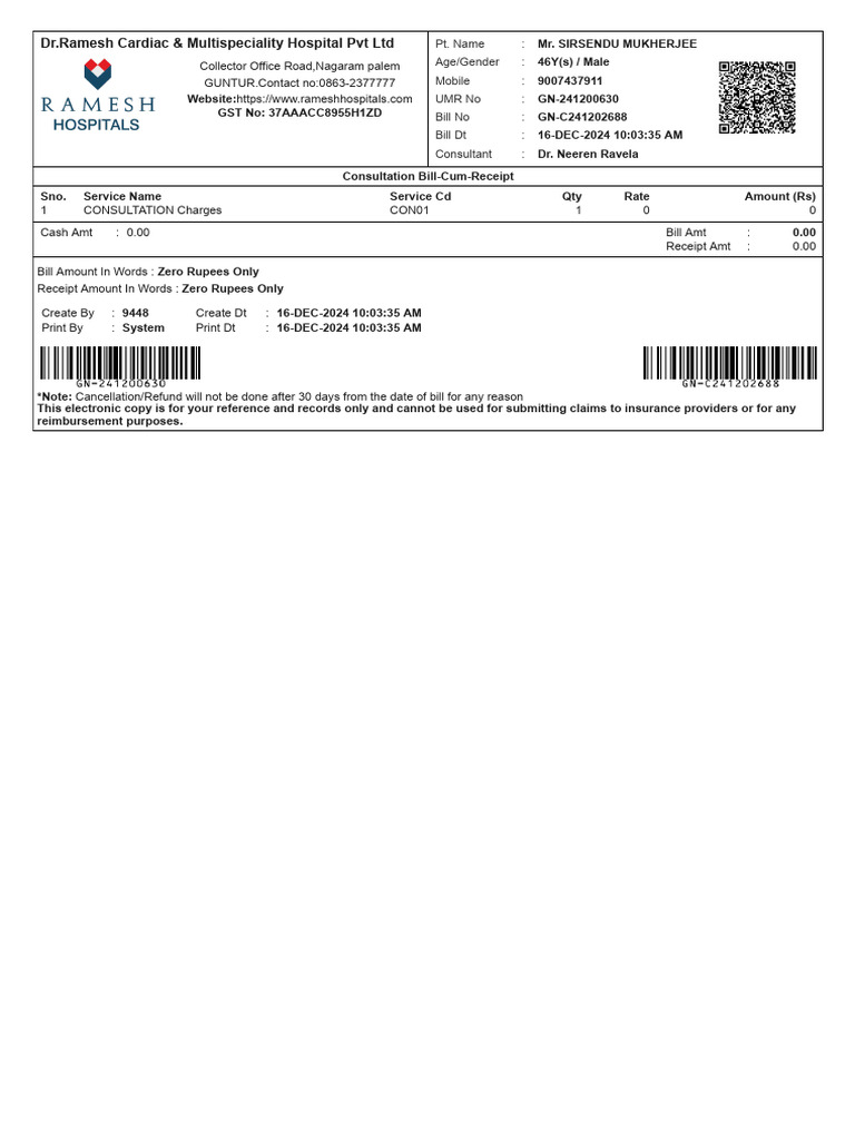 Consultation Receipt - Dr. Ramesh Hospital | PDF