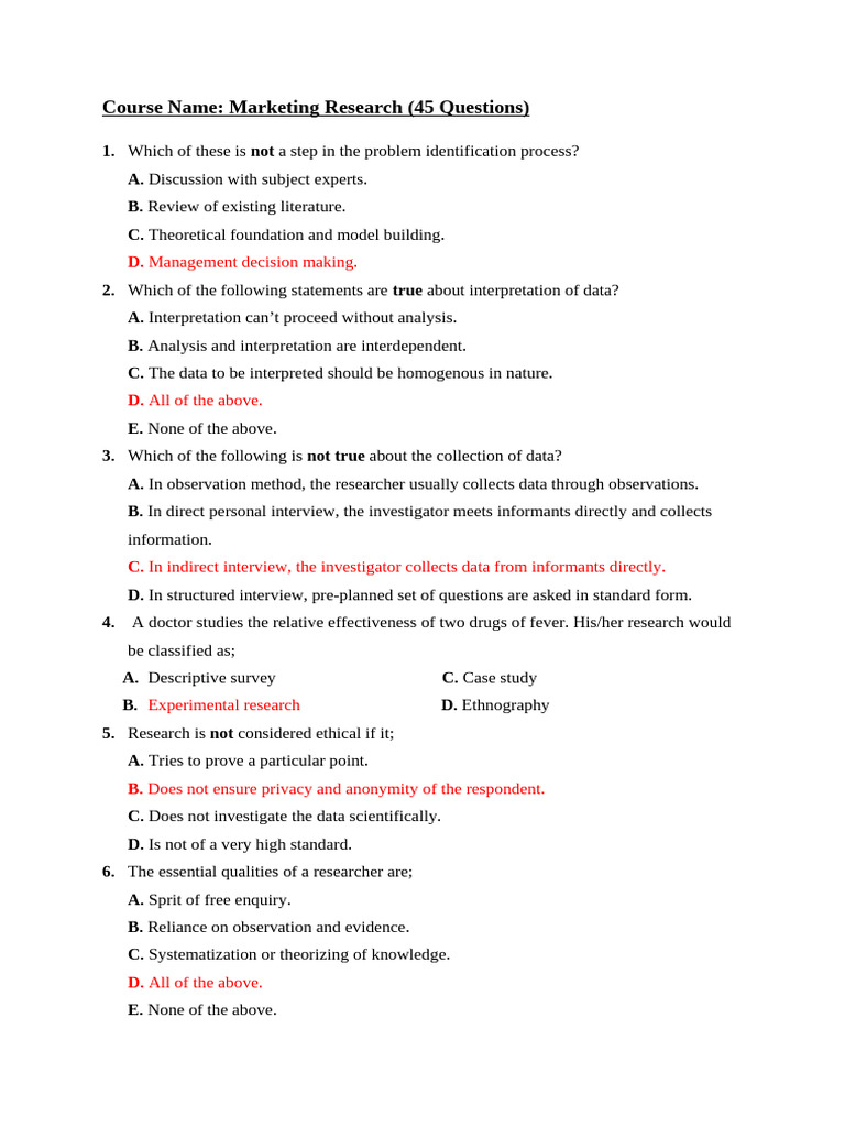 Marketing Research Quiz: 45 Questions | PDF | Sampling (Statistics) | Data