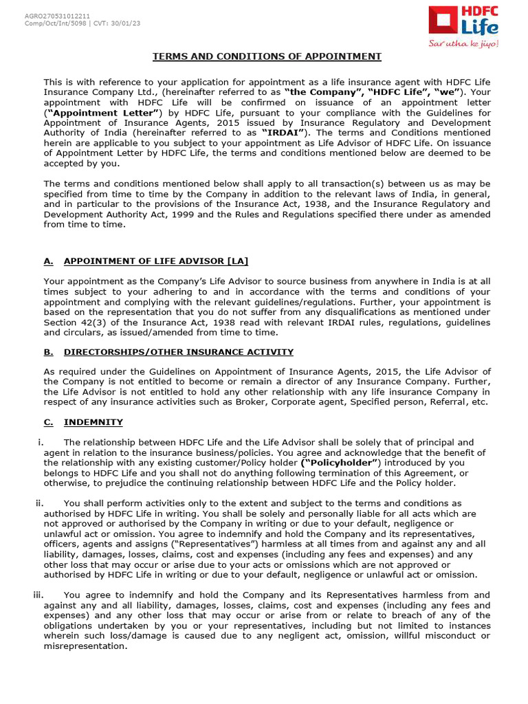 Term and Conditions of Appointment | PDF | Indemnity | Insurance