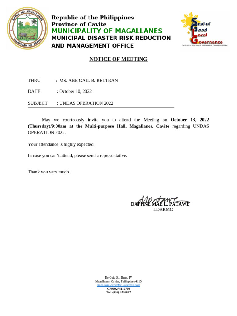 Meeting Notice for Undas Operation 2022 | PDF