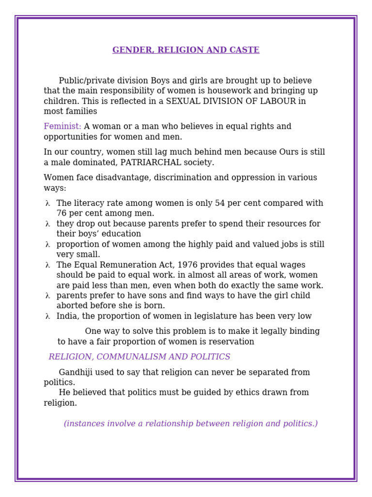 Gender, Religion, and Caste Overview | PDF | Woman | Discrimination