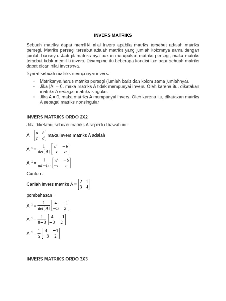 Syarat dan Contoh Invers Matriks | PDF
