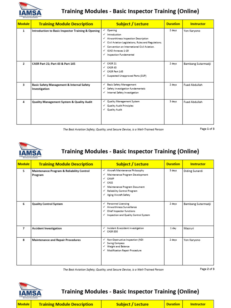 Syllabus of Basic Inspector Online Training 19 Days | PDF | Aviation ...