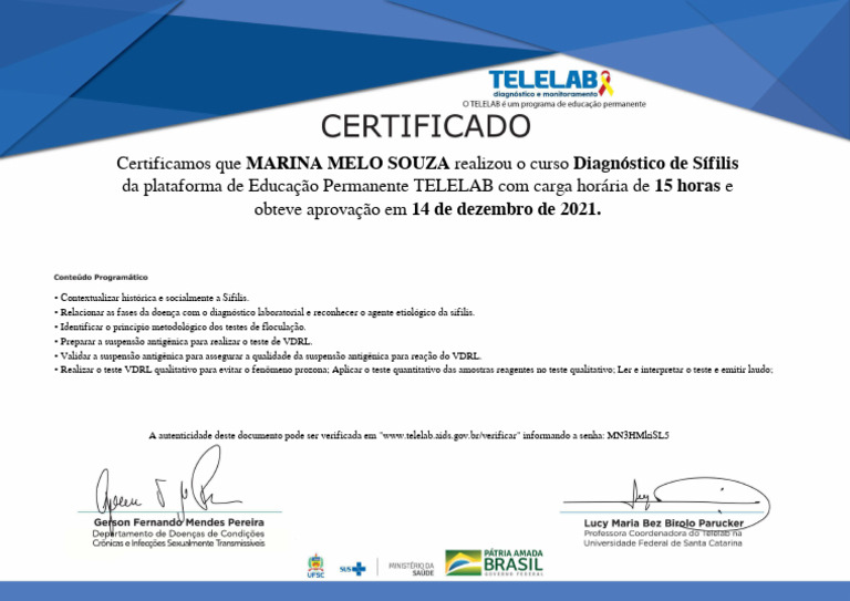 Certificação de Curso sobre Sífilis - TELELAB | PDF