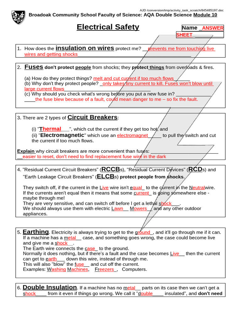 Electrical Safety ANSWERS | PDF | Fuse (Electrical) | Power Engineering