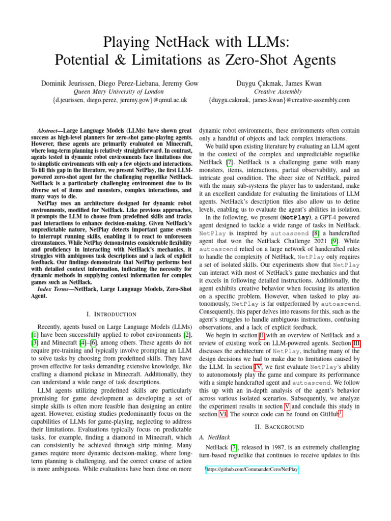 LLMs in NetHack: NetPlay Evaluation | PDF