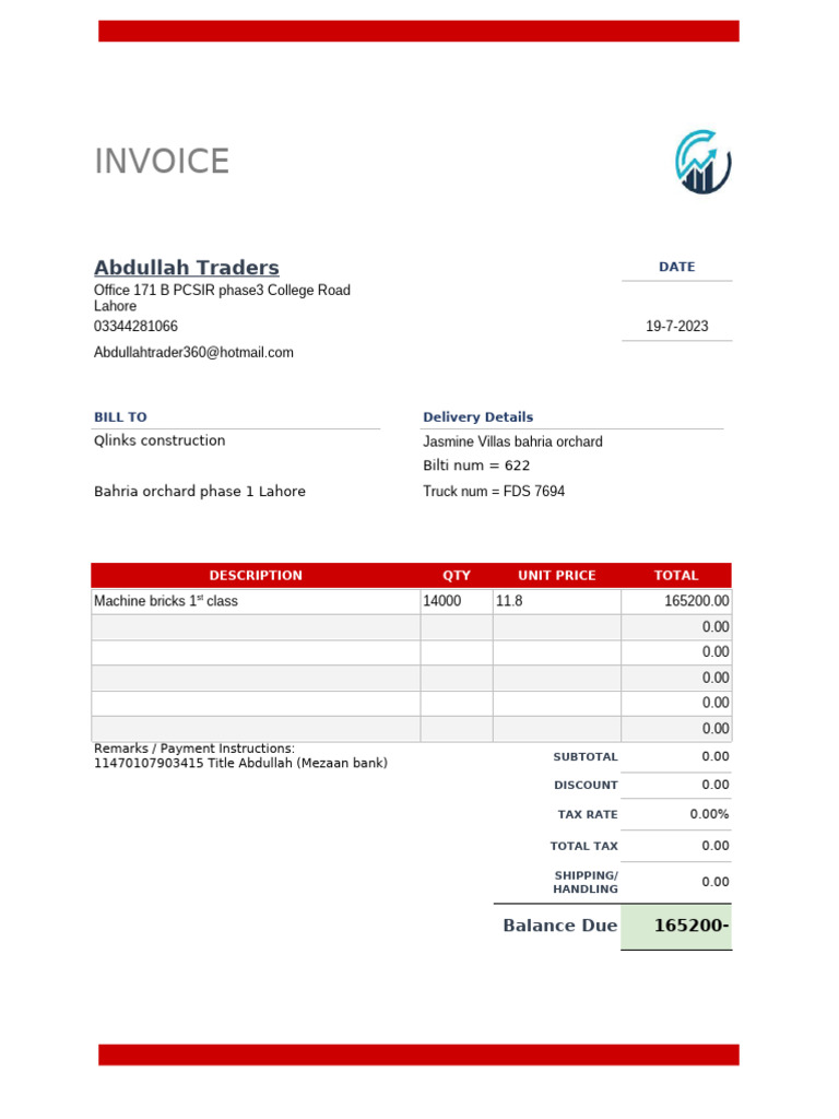 Invoice for Machine Bricks Sale | PDF