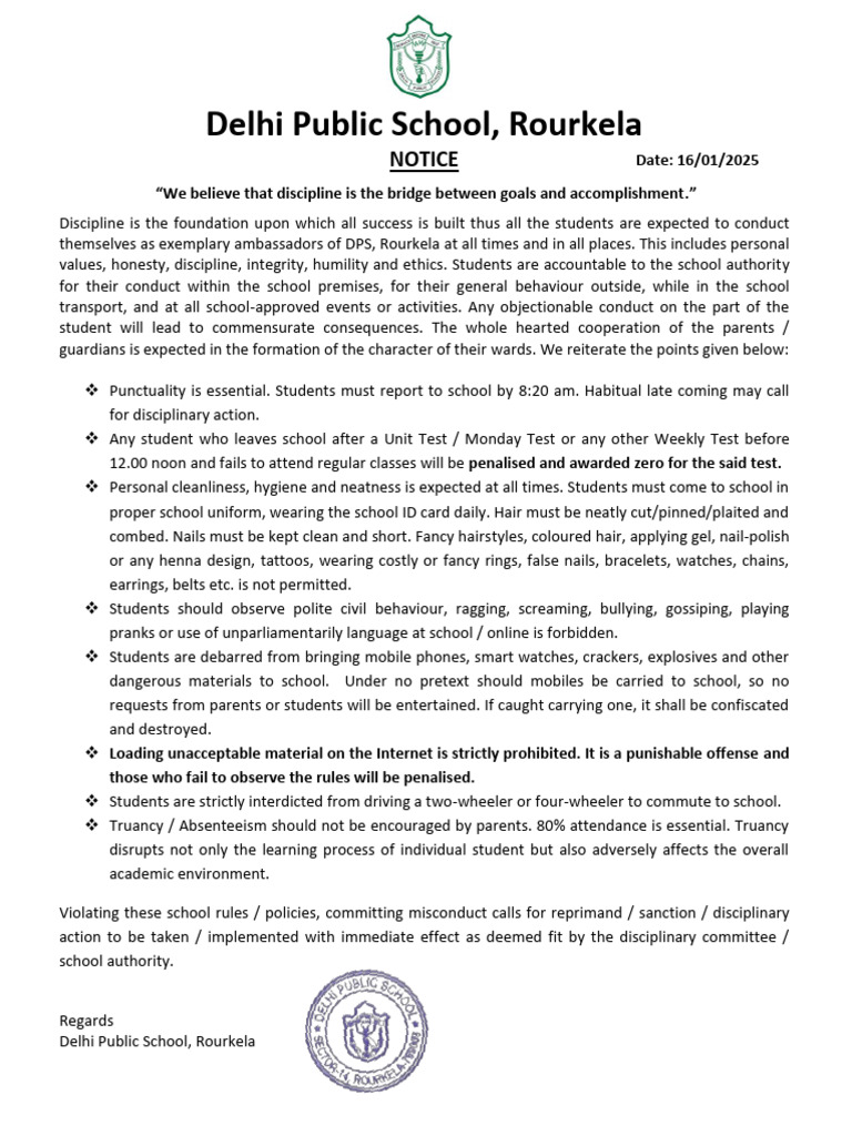 DPS Rourkela Student Conduct Guidelines | PDF