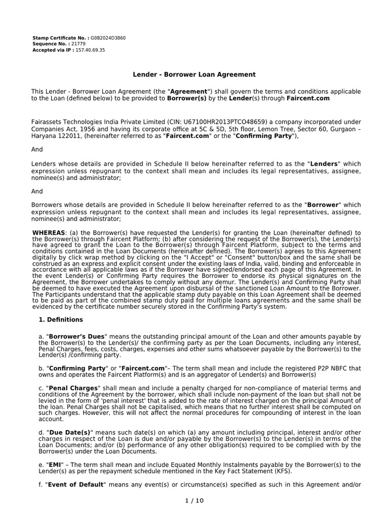 Lender - Borrower Loan Agreement Agreement Borrower(s) Lender | PDF ...