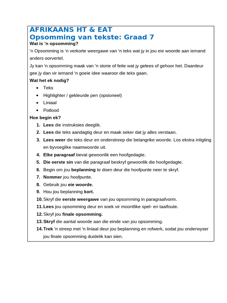 Opsommings Afr. HT EAT Graad 7 Nyy8sd | PDF