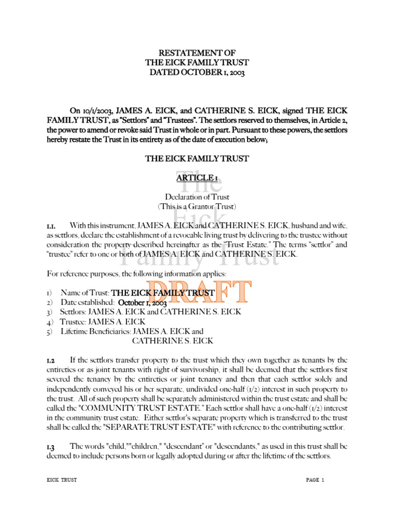 Eick Family Trust Restatement Document | PDF | Estate Tax In The United ...