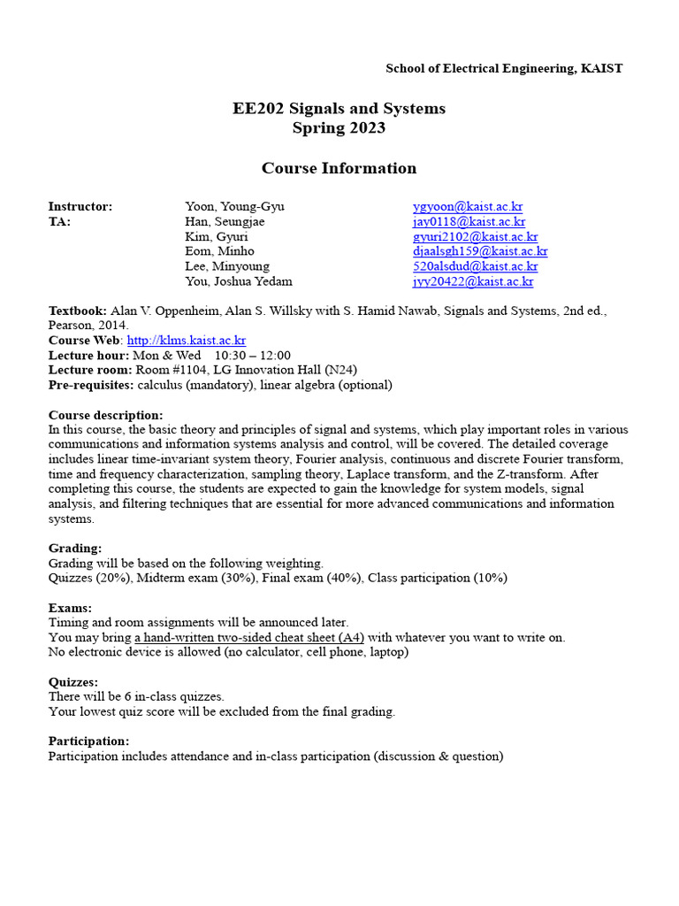 EE202 Signals and Systems Course Guide | PDF | Fourier Transform ...