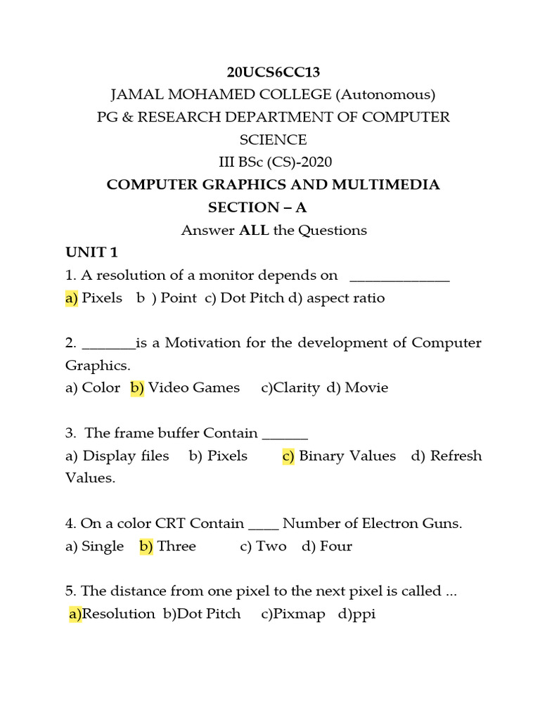 Marked 20UCS6CC13 - CG - MM - MCQ - 150 | PDF | Display Resolution | Pixel