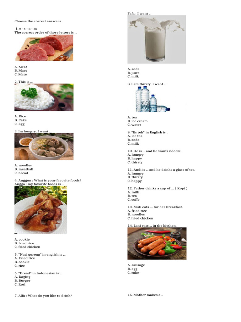 Soal Bahasa Inggris: Food and Drink Kelas 3 | PDF | Western Cuisine ...
