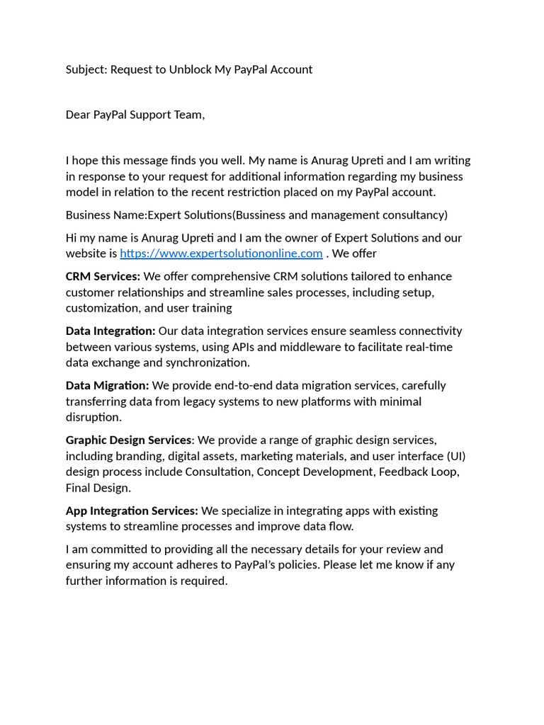 Unblock PayPal Account Request Letter | PDF | Pay Pal | Customer ...