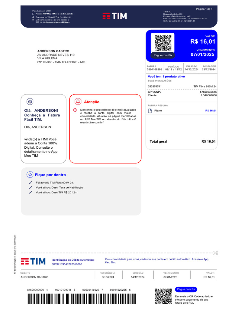 Fatura Fácil TIM - Informações e Pagamento | PDF