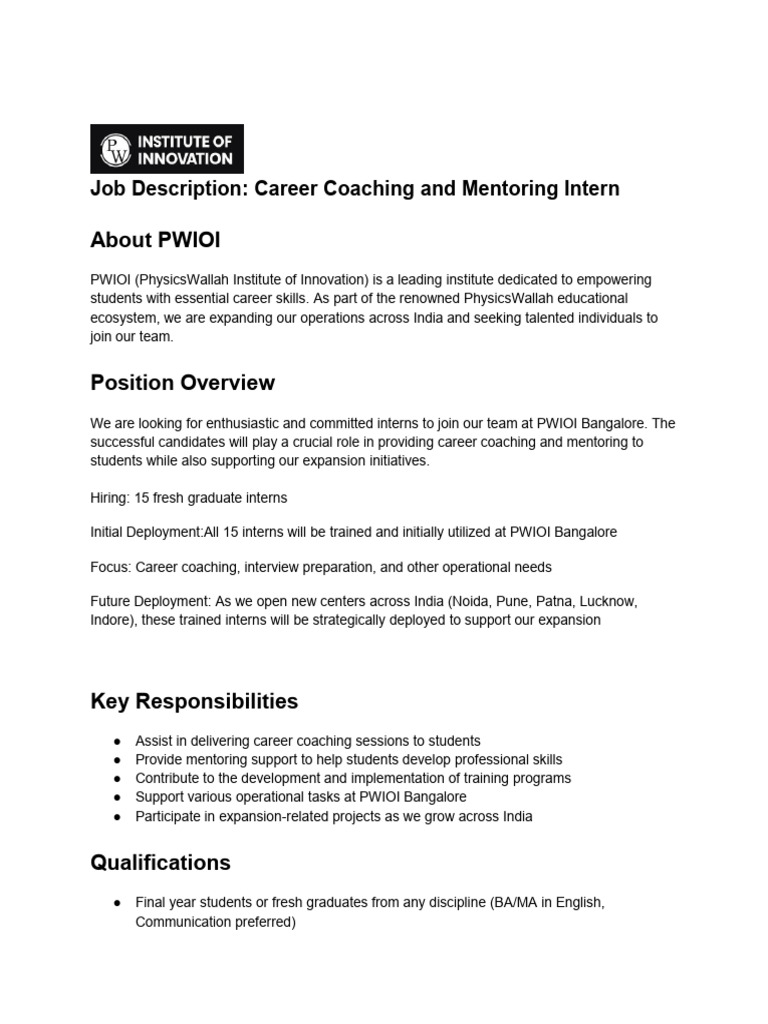 Career Coaching Internships at PWIOI | PDF | Internship | Job Hunting