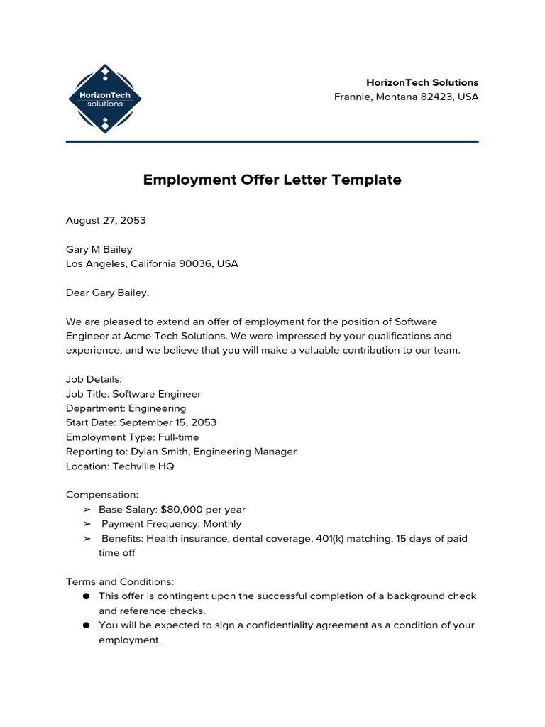 Software Engineer Employment Offer | PDF