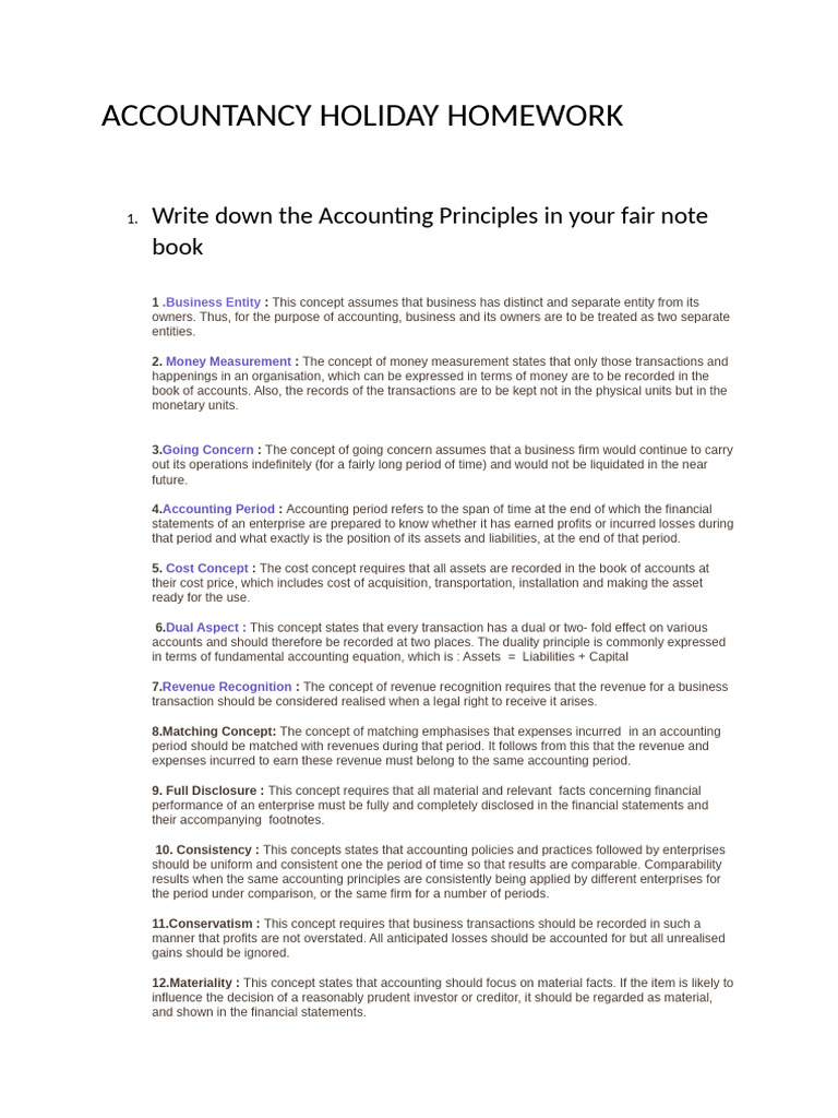 Accountancy Holiday Homework | PDF | Going Concern | Revenue