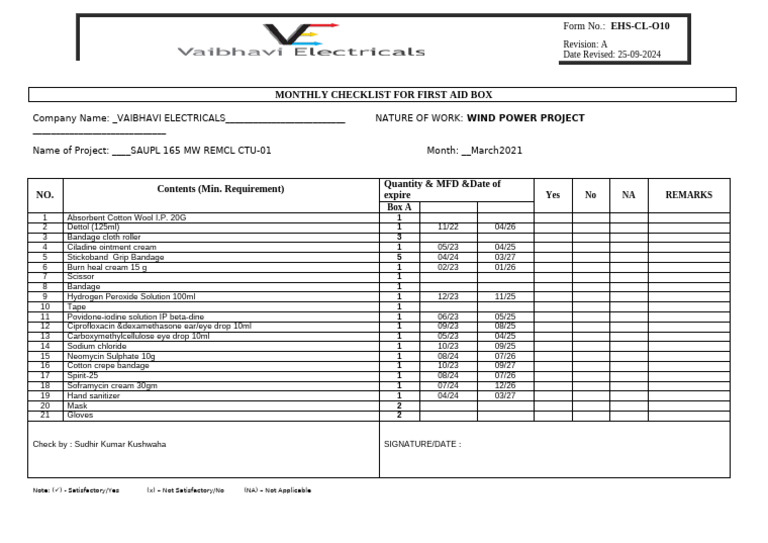 Monthly First Aid Kit Checklist | PDF | Chemical Substances | Chemical ...