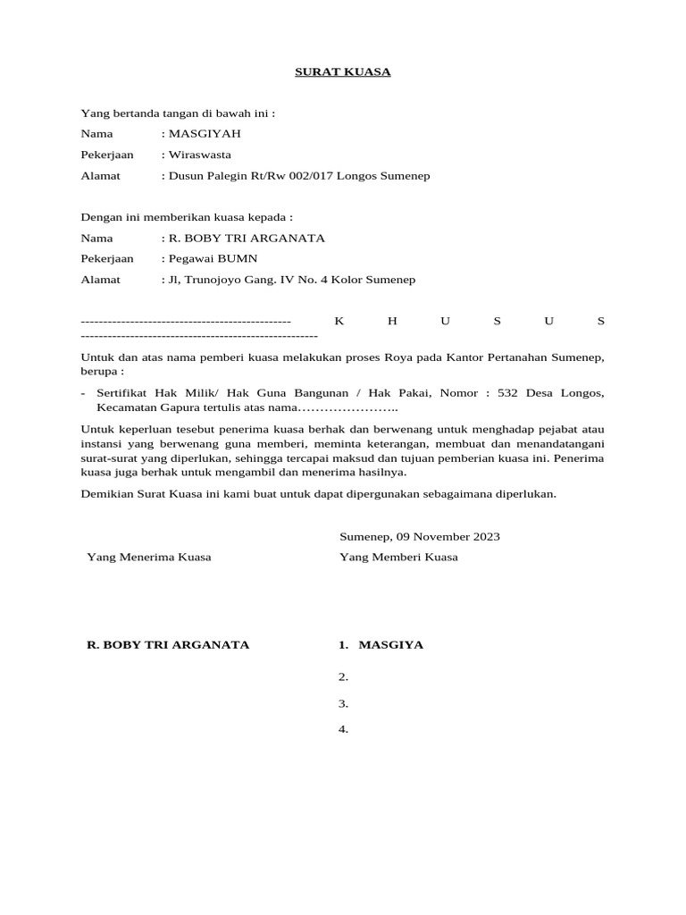 Surat Kuasa Roya Sertifikat BRI | PDF