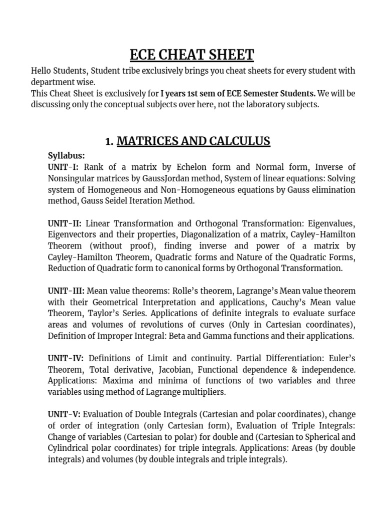 ECE Cheat Sheet | PDF | Matrix (Mathematics) | Eigenvalues And Eigenvectors