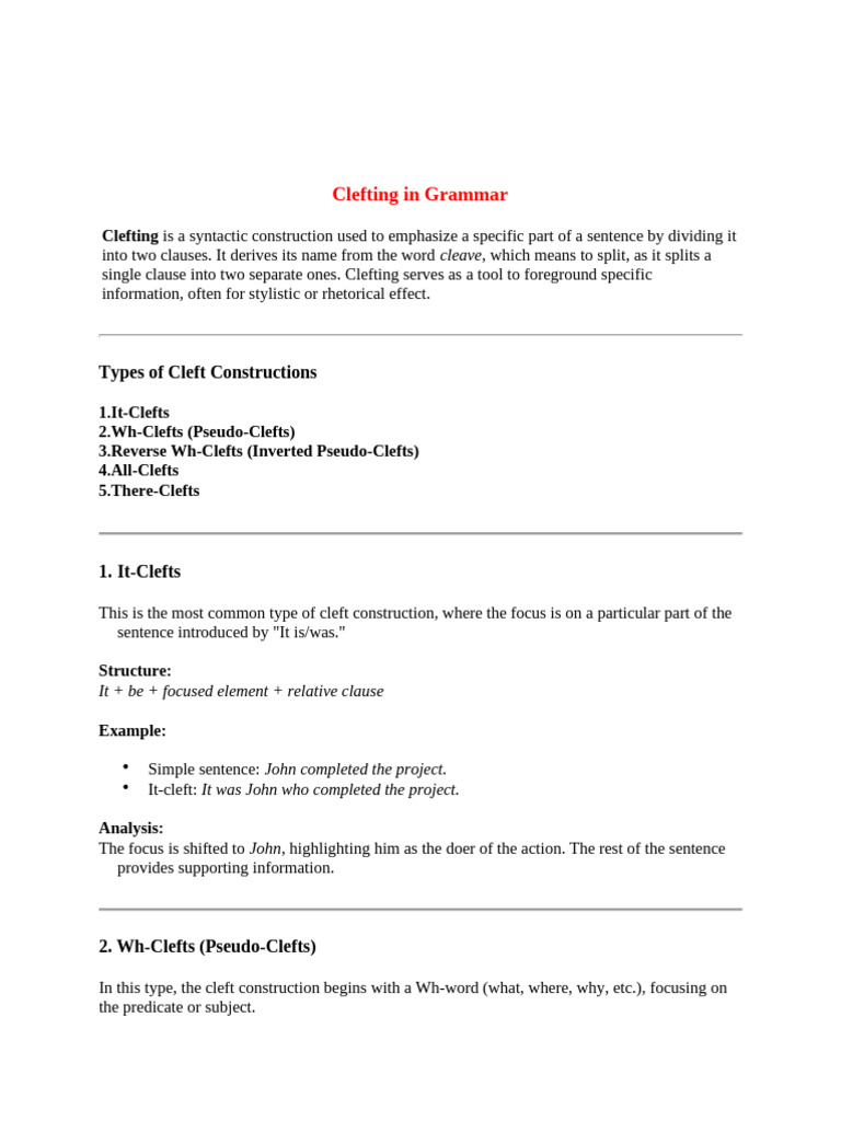 Understanding Clefting in Grammar | PDF | Clause | Semantics