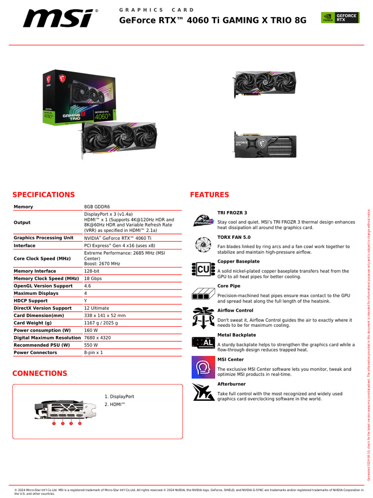 RTX 4060 Ti Gaming X Trio 8G Specs | PDF | Hdmi | Graphics