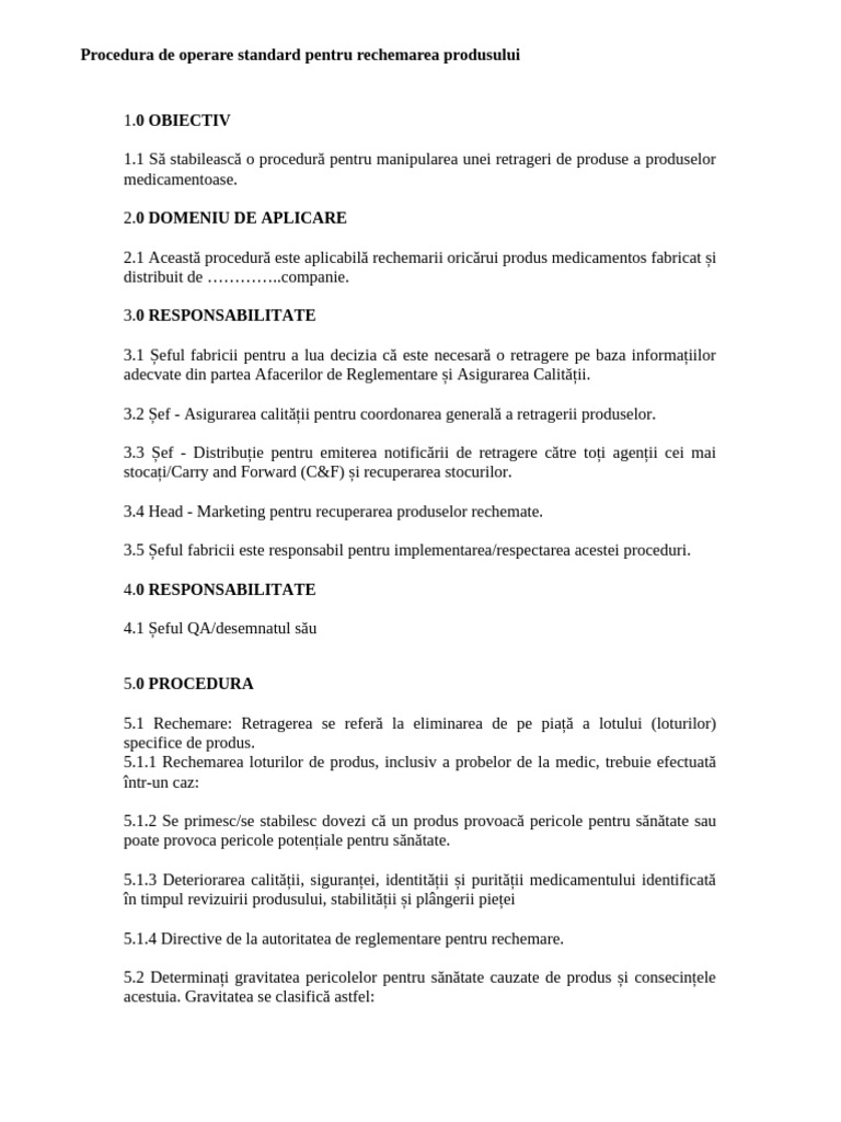 Procedura Standard de Operare Pentru Retragerea Produsului | PDF