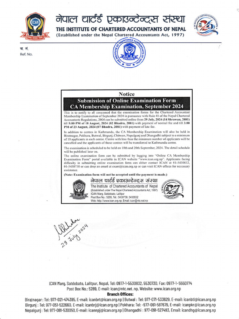 ICAN CA Membership Exam Notice 2024 | PDF