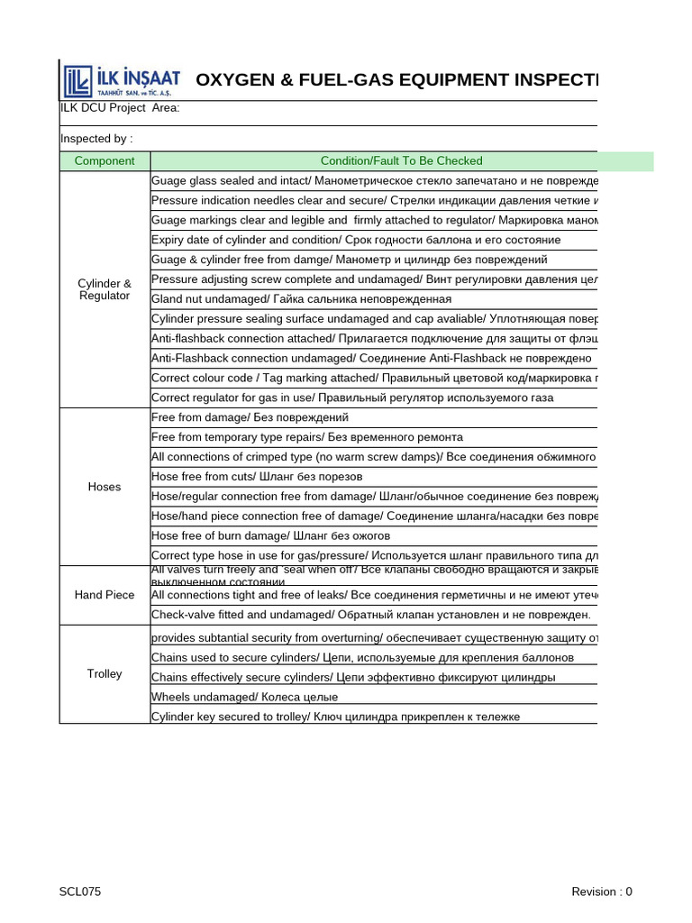 Oxygen & Fuel Gas Euipment Inspection Checklist | PDF