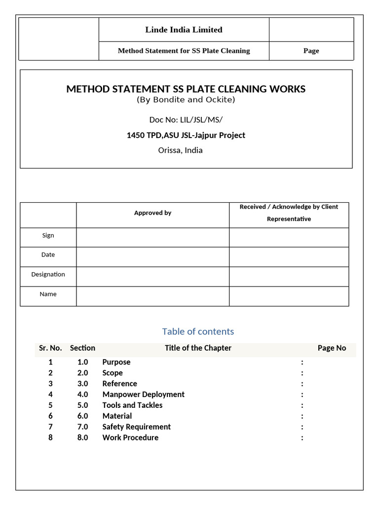 SS Plate Cleaning Method Statement | PDF | Personal Protective Equipment
