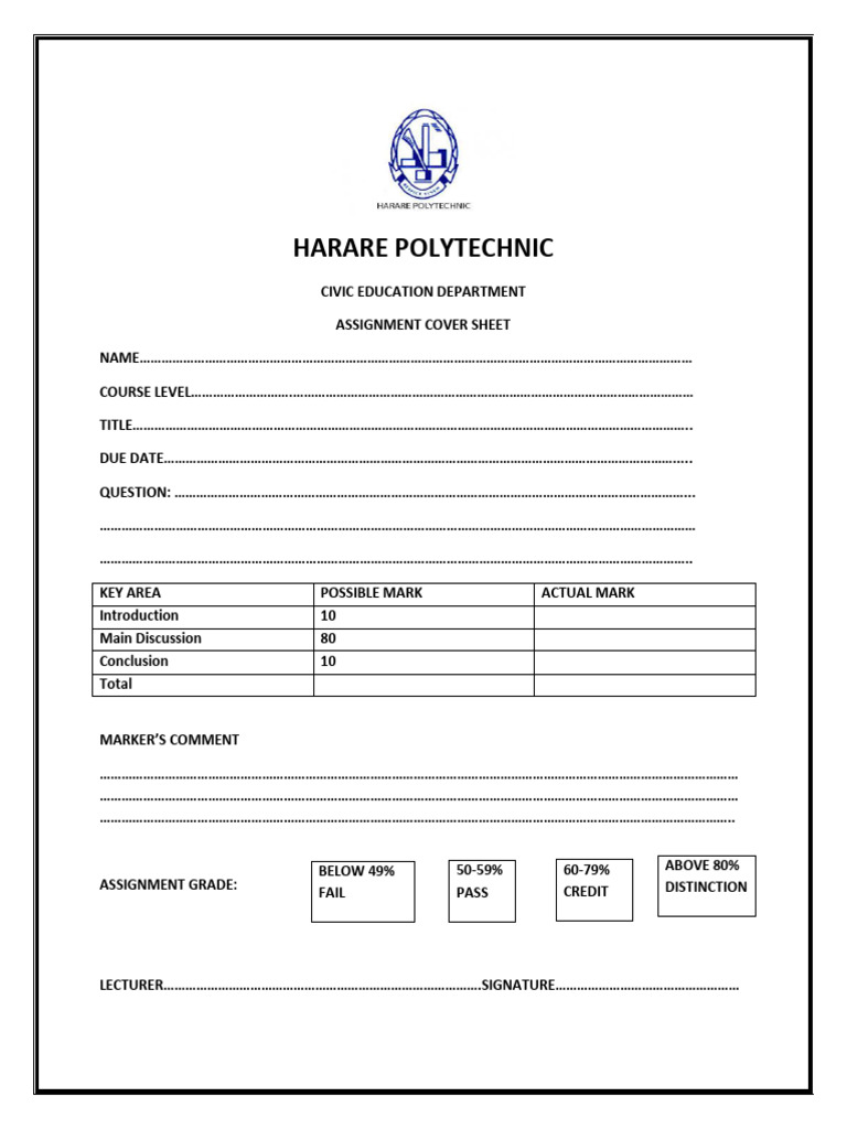Harare Polytechnic Assignment Cover Sheet | PDF