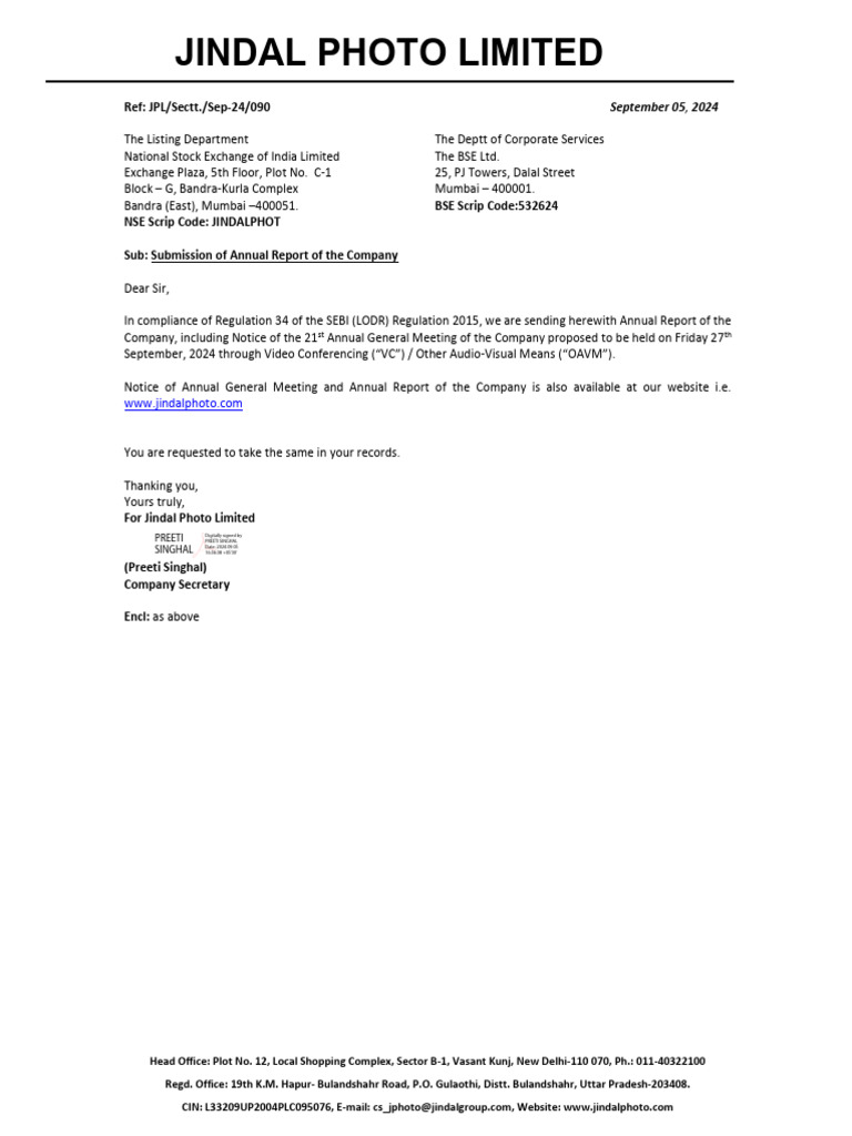 Jindal Photo Limited Annual Report 2024 | PDF | Password | Electronic ...