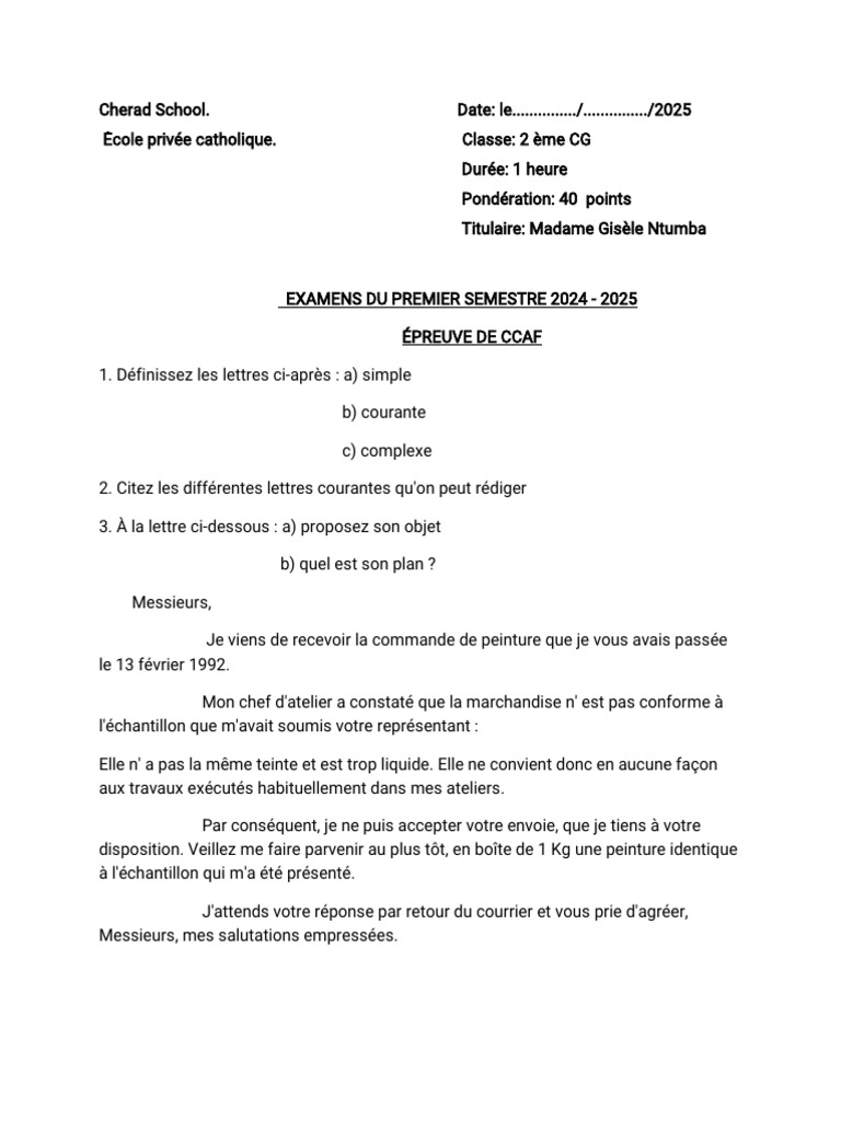 Examen CCAF 2024-2025 - 2ème CG | PDF