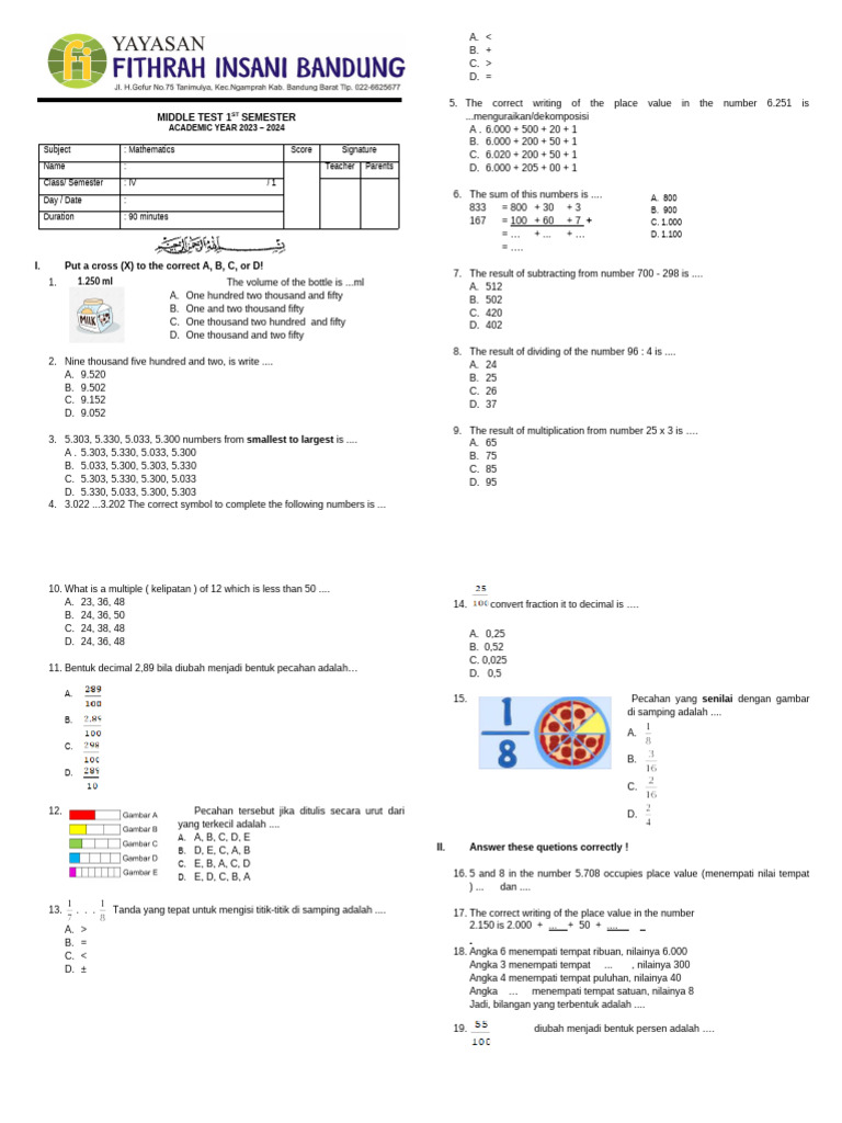 PTS 1 Math 4 2324 | PDF