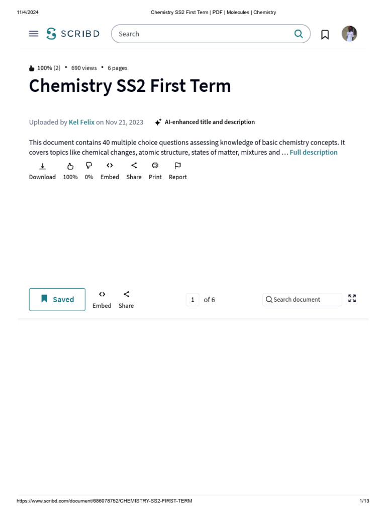 Chemistry SS2 First Term - PDF - Molecules - Chemistry | PDF ...