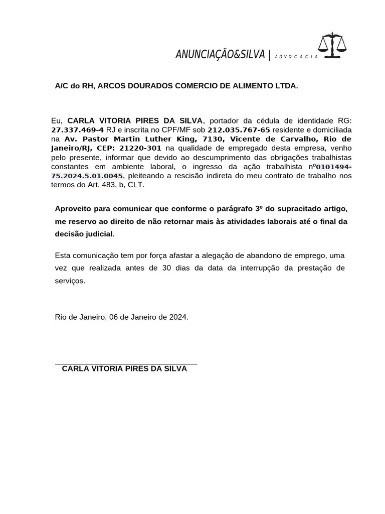 Notificação de Ação Trabalhista e Rescisão | PDF