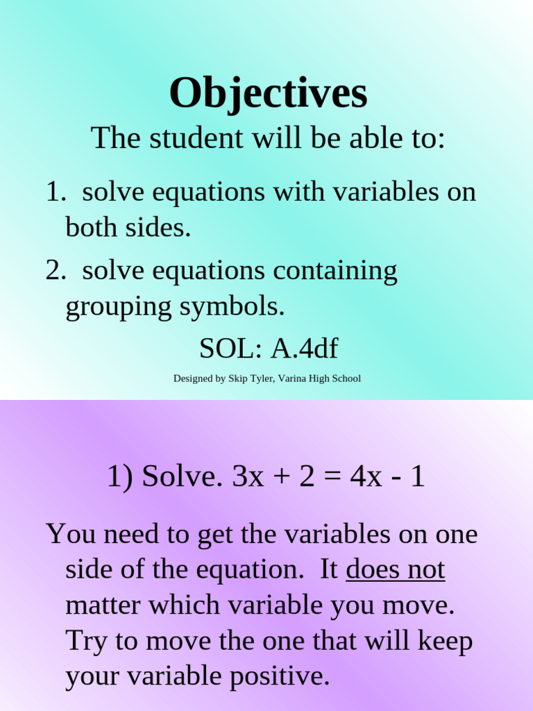 Solve Equations with Variables | PDF | Equations | Mathematics