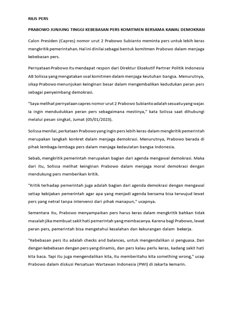 Rilis Pers - Prabowo Junjung Tinggi Kebebasan Pers Komitmen Bersama ...