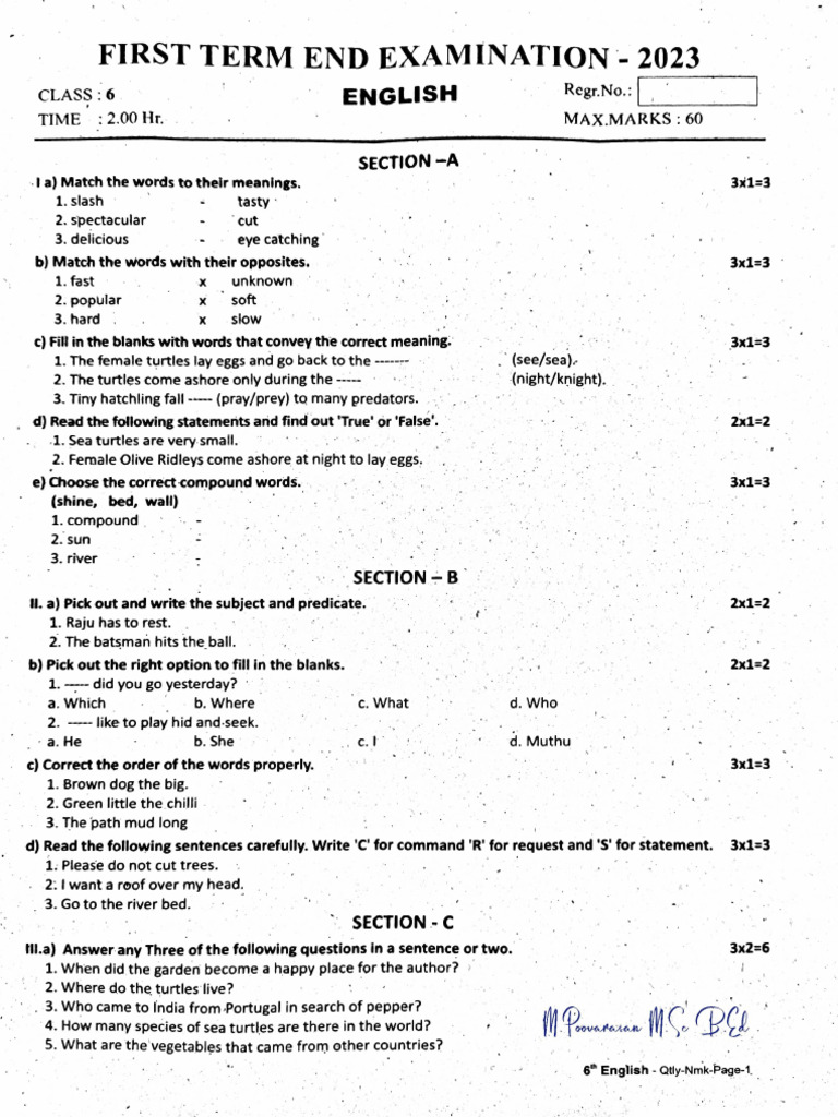 TN 6th Quarterly Exam 2023 English Question Paper Dharmapuri Dist | PDF