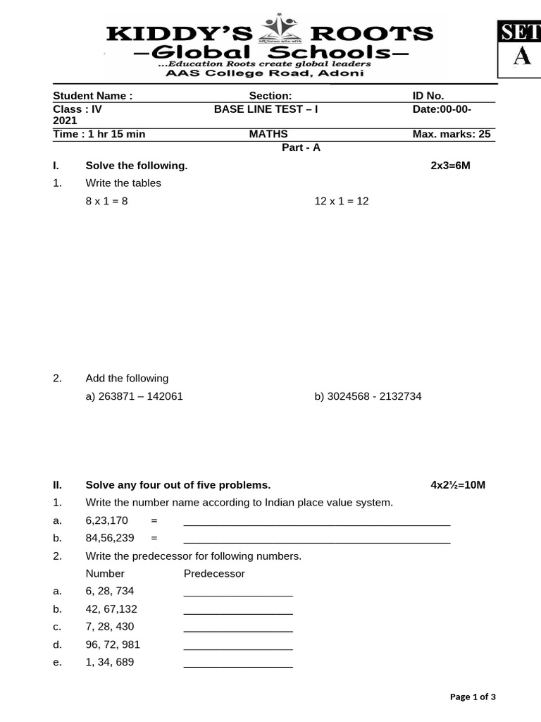 Class 3 Maths Base Line Test | PDF | Mathematics | Arithmetic