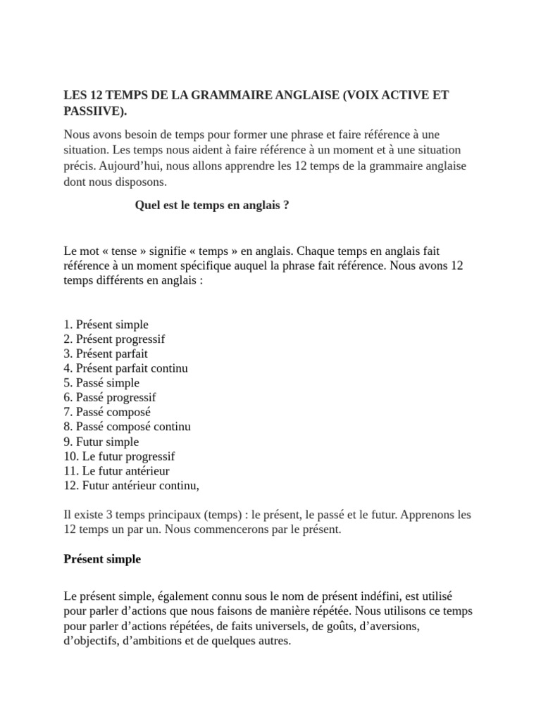 Les 12 Temps Verbaux en Anglais | PDF | Sujet (Grammaire) | Grammaire ...