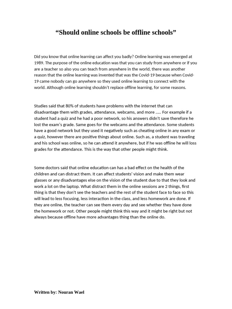 "Should Online Schools Be Offline Schools": Written By: Nouran Wael | PDF
