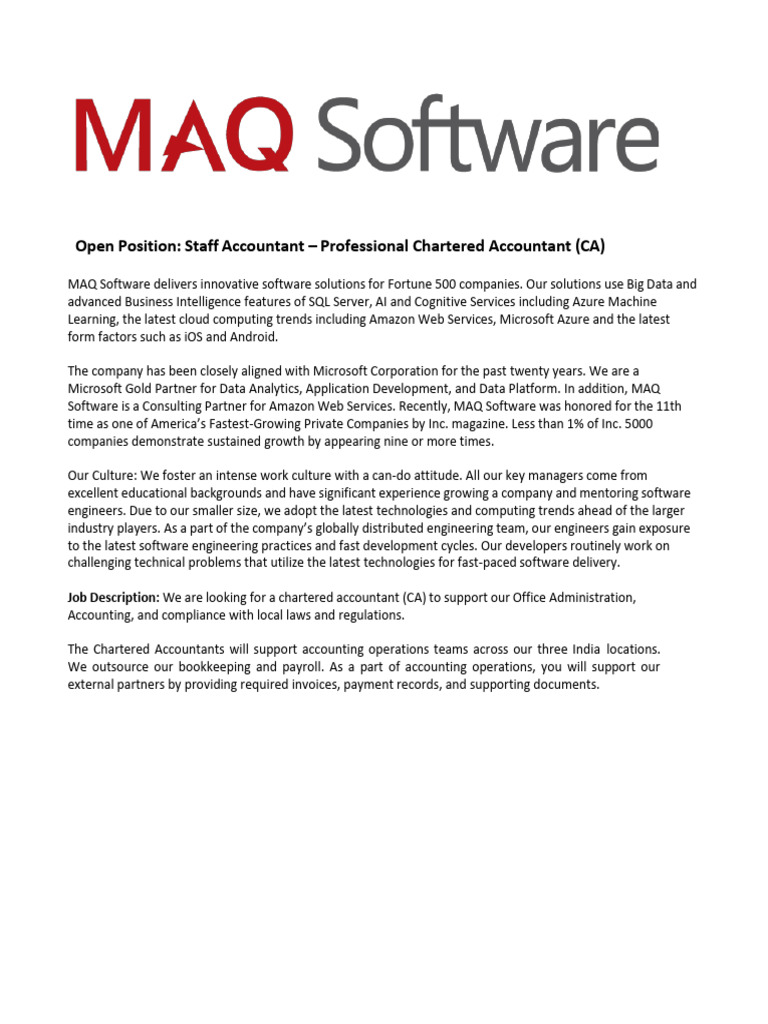 MAQ Software Job Description Staff Accountant CA | PDF | Internal Rate ...