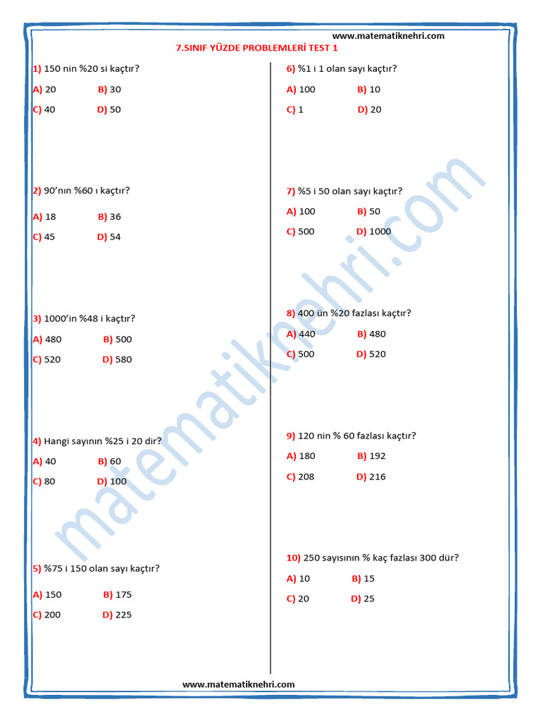 Yüzde Problemleri Test 1 | PDF