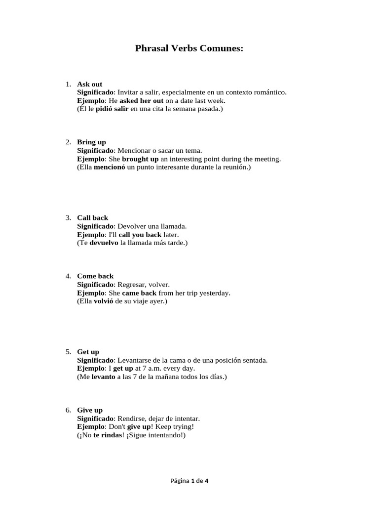 Phrasal Verbs Comunes y Ejemplos | PDF | Grabación de sonido | Música ...