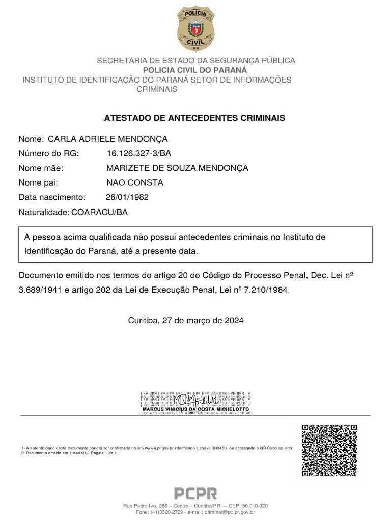 Atestado de Antecedentes Criminais | PDF