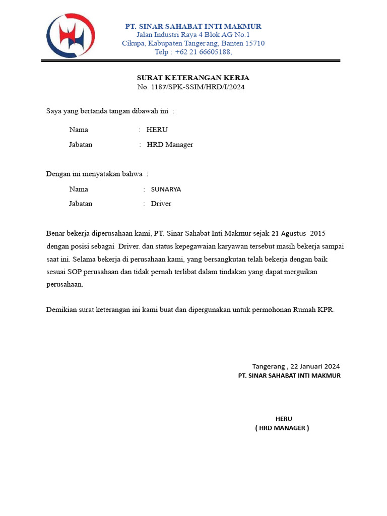 Surat Keterangan Kerja Driver KPR | PDF
