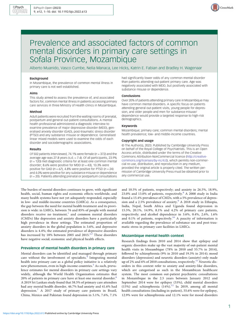 Prevalence and Associated Factors of Common Mental Disorders in Primary ...